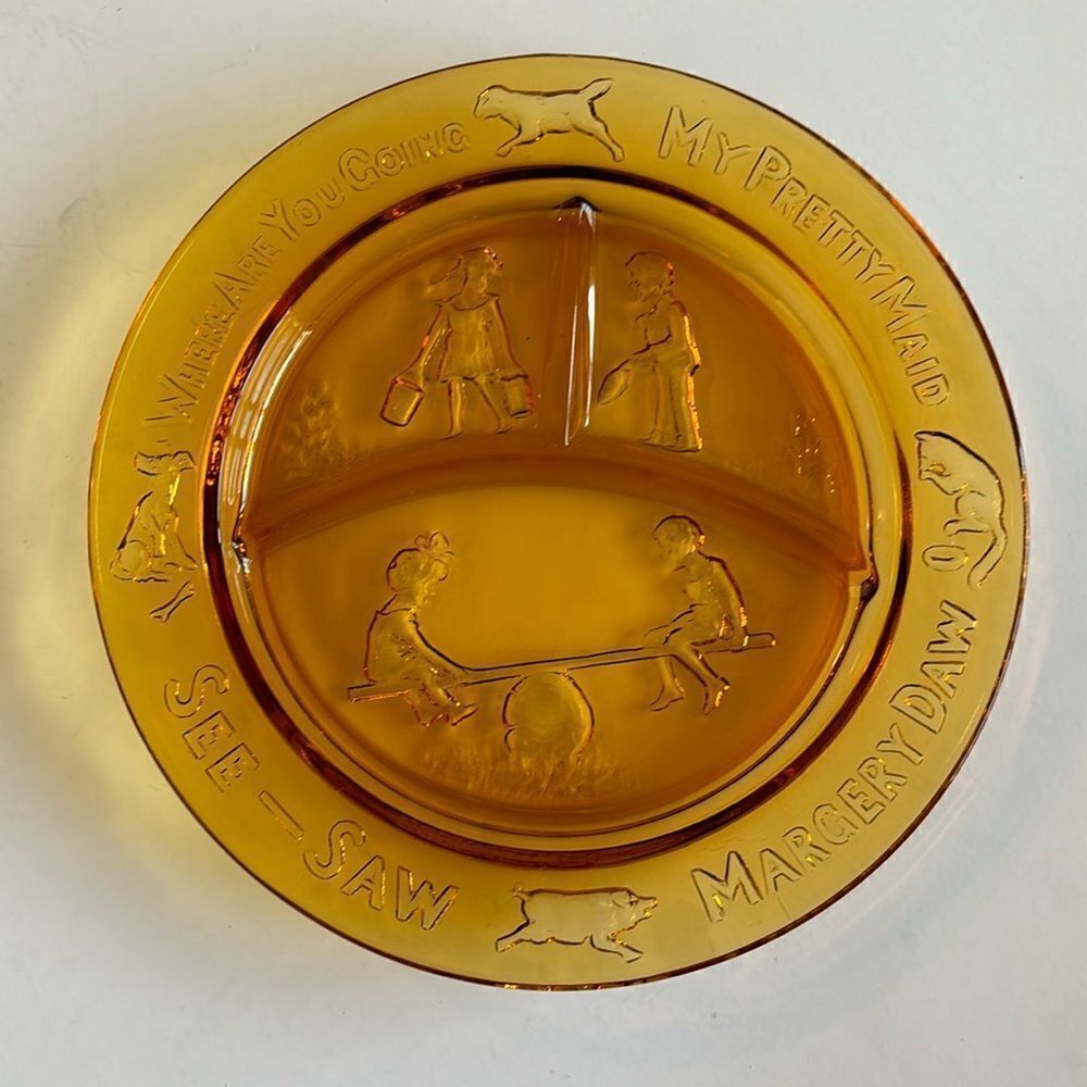 Vintage Amber Glass Divided Children’s Nursery Rhyme Plate
